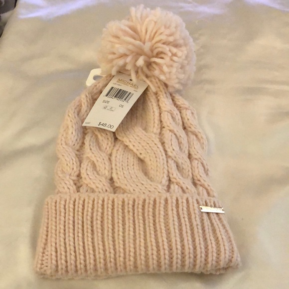 Michael Kors Soft Blush Pink Cable Knit Cuffed Beanie Hat Pink Pom Pom OS NWT - Picture 2 of 14